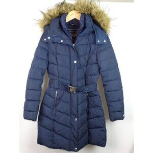 Tommy Hilfiger Women's Jacket Size Small Blue Puffer Puffy Faux Fur Hood Coat